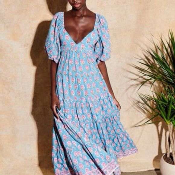 Saylor Annaleise Blue Dahlia Block Print Cotton Midi Dress Size M Boho Tie Back - Picture 3 of 14